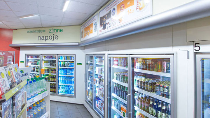 Coolers in the shop of BP petrol station at Krakow, Poland